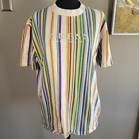 VINTAGE Retro 90's Guess TShirt Men's S Vertical Striped Embroidered Logo - Picture 1 of 8